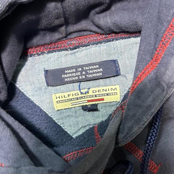 Tommy Hilfiger Jeans Hoodie Mens Large Navy Blue Red Spell-Out Skater Sweatshirt - Picture 4 of 4